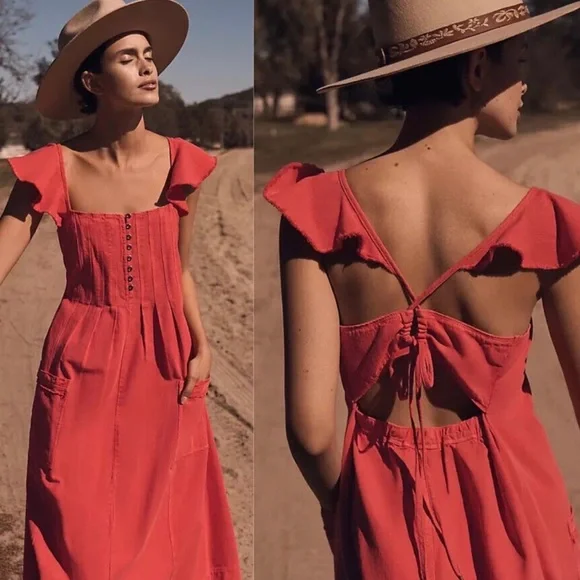 NWT 🆕 Anthropologie Pilcro XSP Flutter Sleeve Midi Dress - Redish Orange - Picture 1 of 12